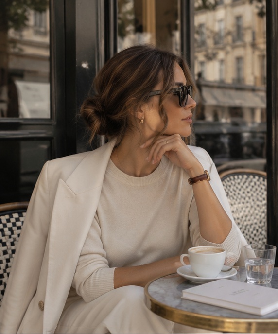 Woman wearing an effortlessly polished neutral outfit at a café