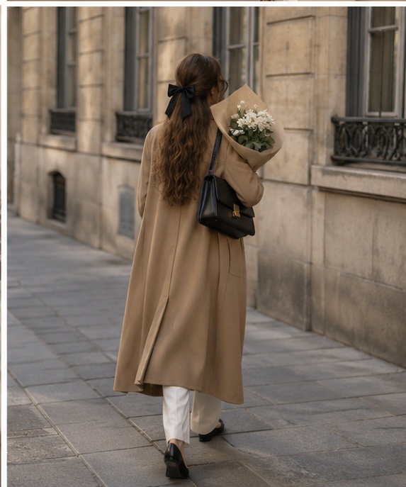 Woman wearing a timeless long coat and polished neutral outfit
