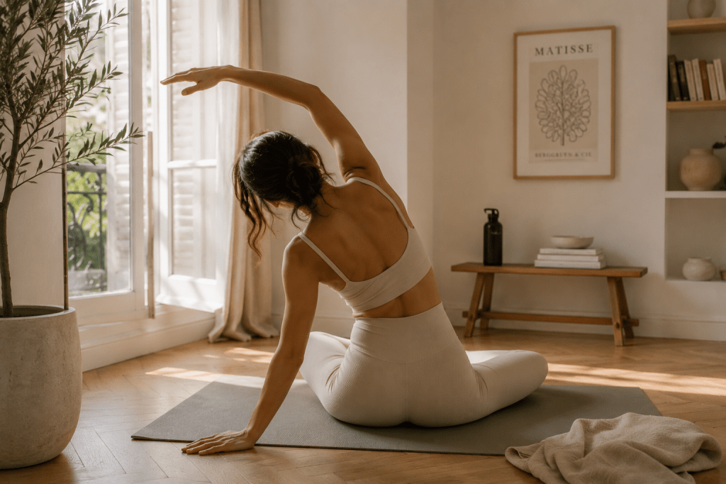 Woman practicing gentle yoga as part of a healthy movement routine.