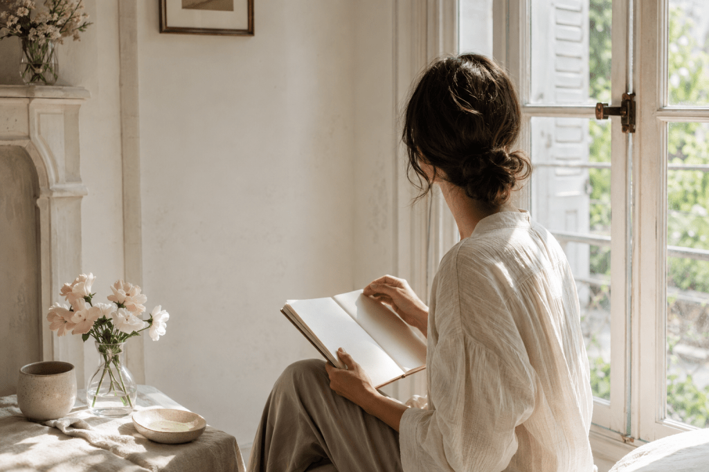 Woman journaling by a sunlit window as part of a mindful self-reinvention routine.