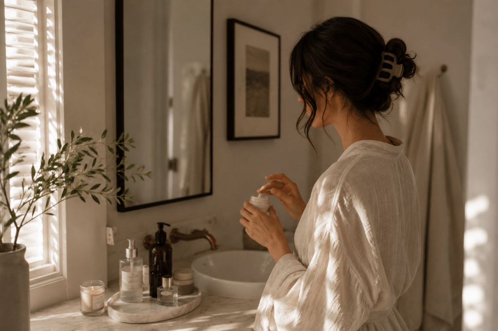 Woman practicing a simple skincare rityal as part of a gentle self-care routine.