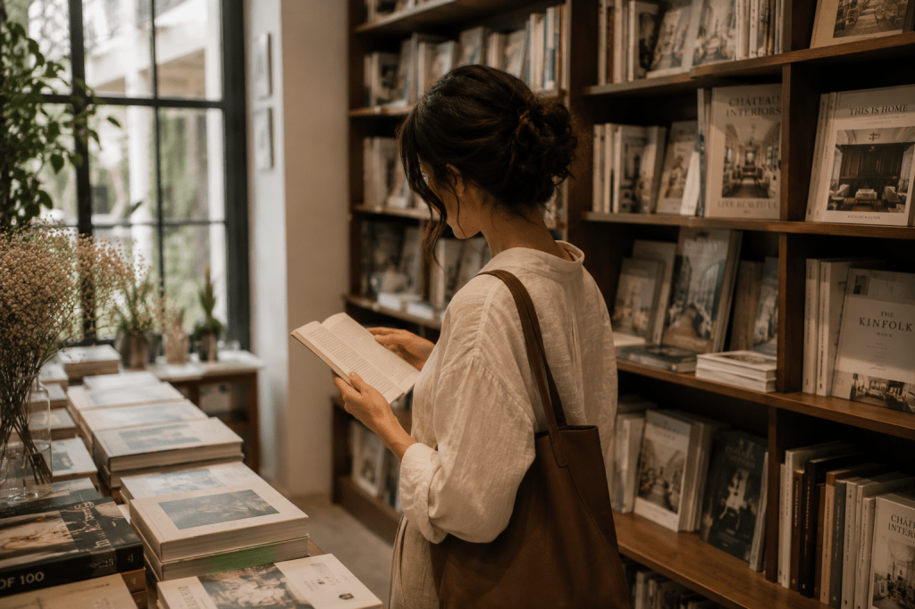 Woman browsing book in a quiet bookstore as part of her personal growth journey.